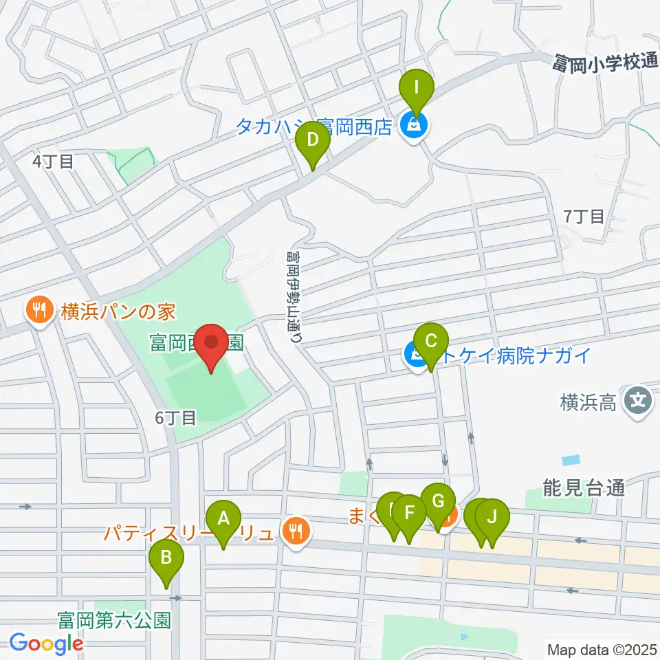 富岡西公園野球場周辺のファミレス・ファーストフード一覧地図