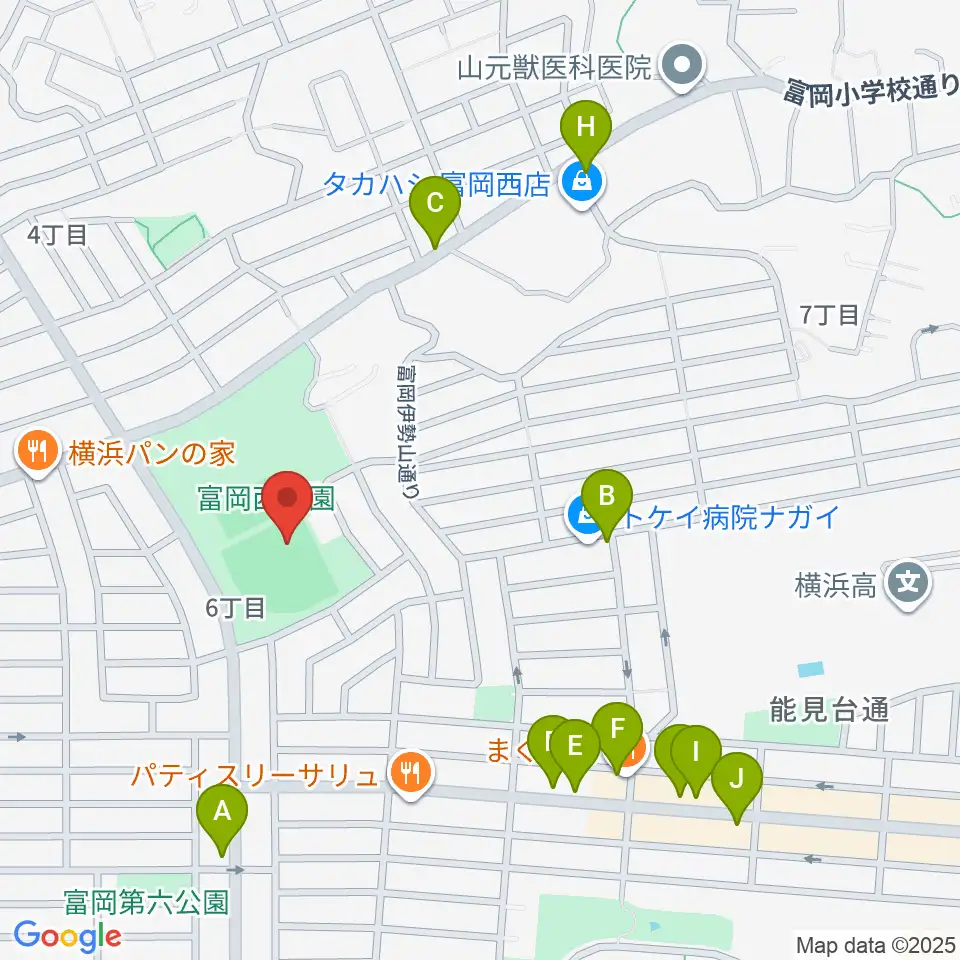 富岡西公園野球場周辺のファミレス・ファーストフード一覧地図