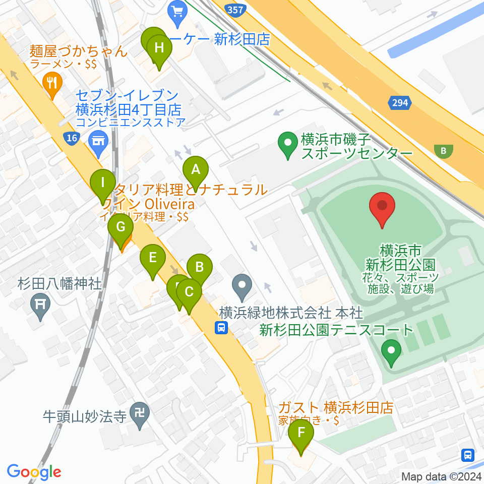 新杉田公園野球場周辺のファミレス・ファーストフード一覧地図