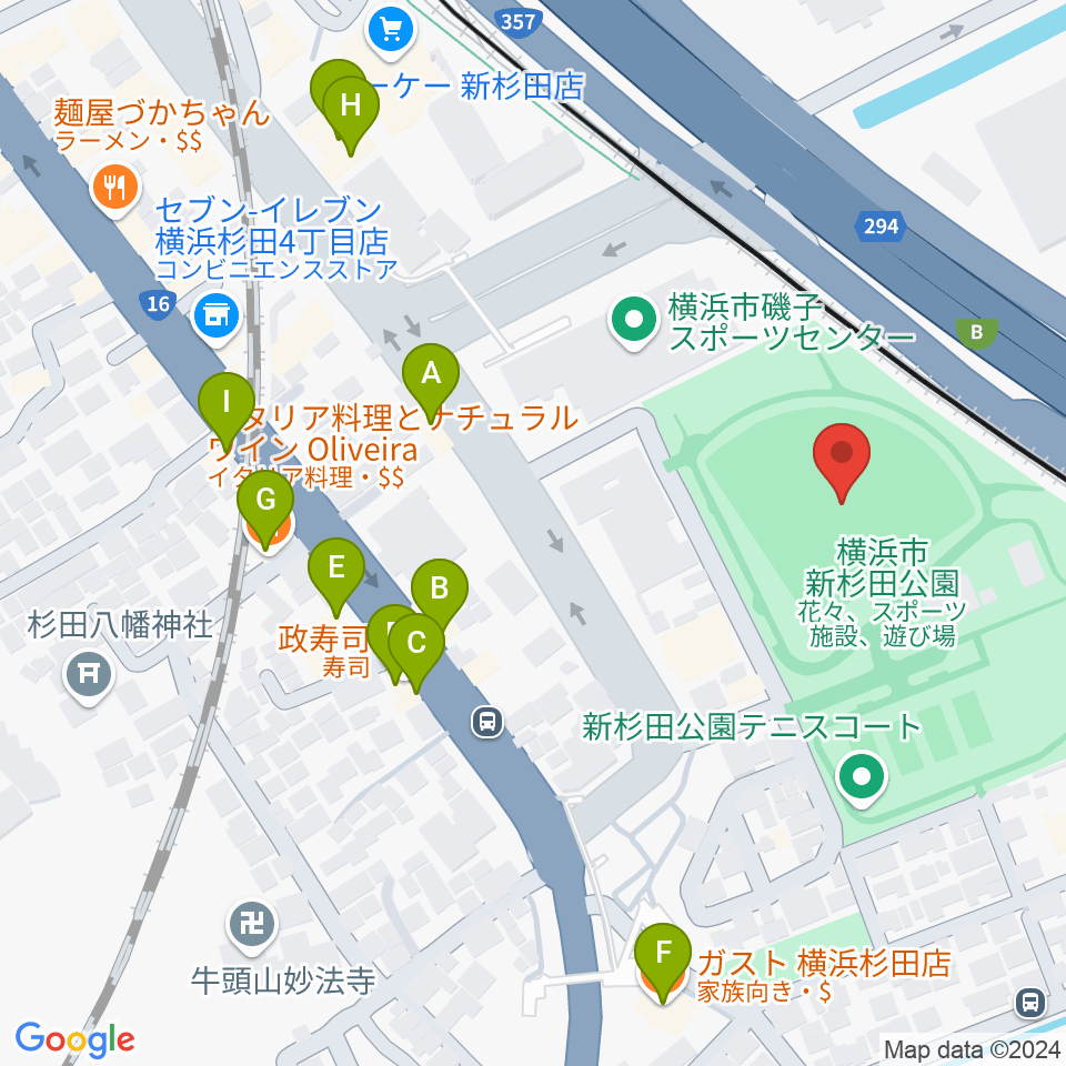 新杉田公園野球場周辺のファミレス・ファーストフード一覧地図