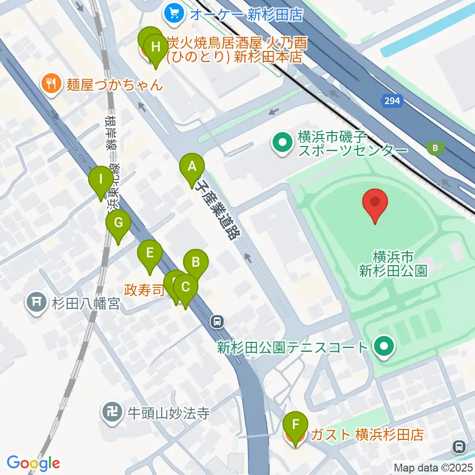 新杉田公園野球場周辺のファミレス・ファーストフード一覧地図