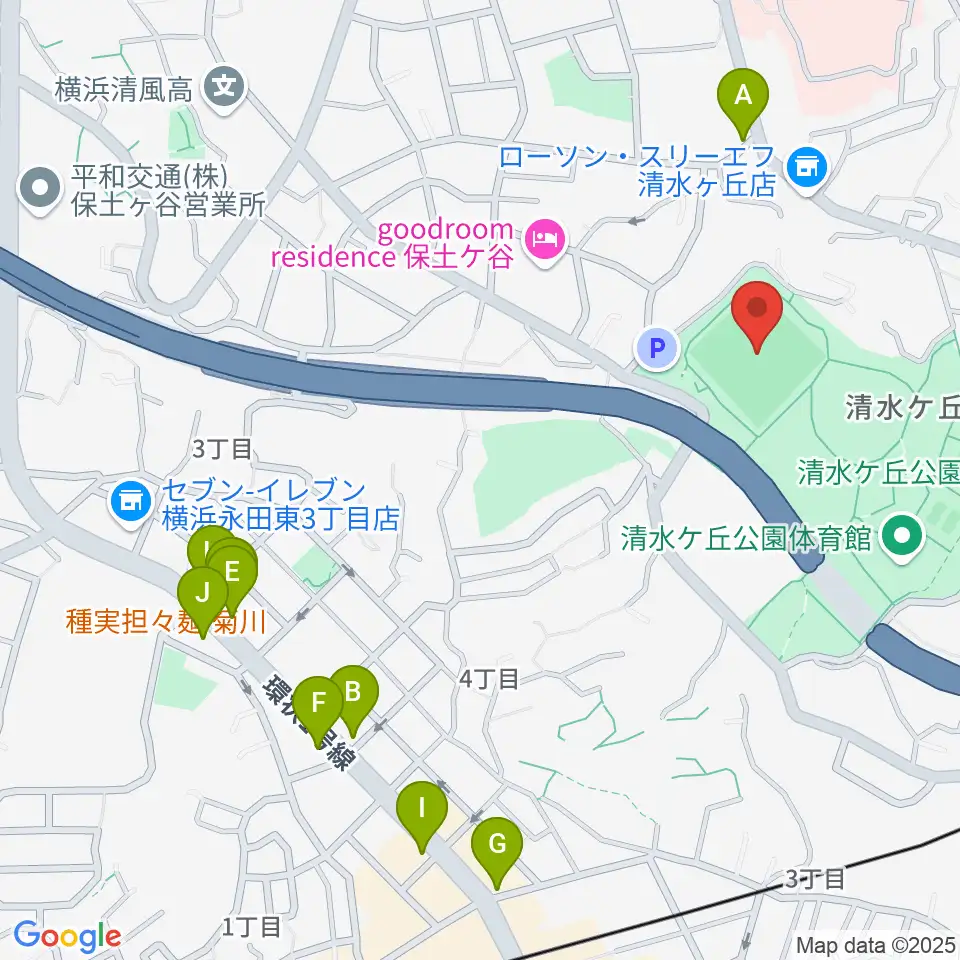清水ケ丘公園運動広場周辺のファミレス・ファーストフード一覧地図