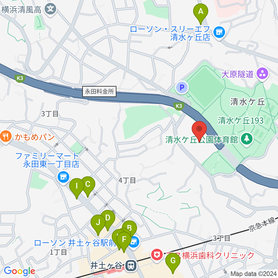 清水ケ丘公園多目的広場周辺のファミレス・ファーストフード一覧地図