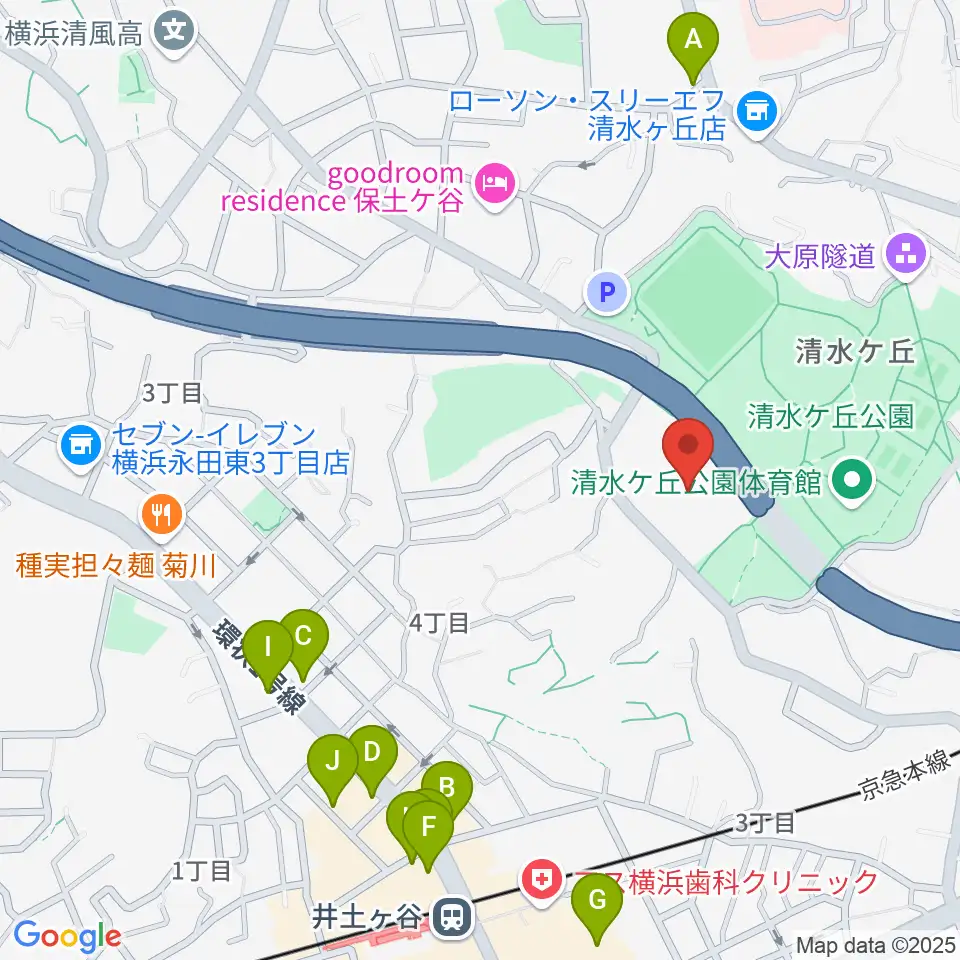 清水ケ丘公園多目的広場周辺のファミレス・ファーストフード一覧地図