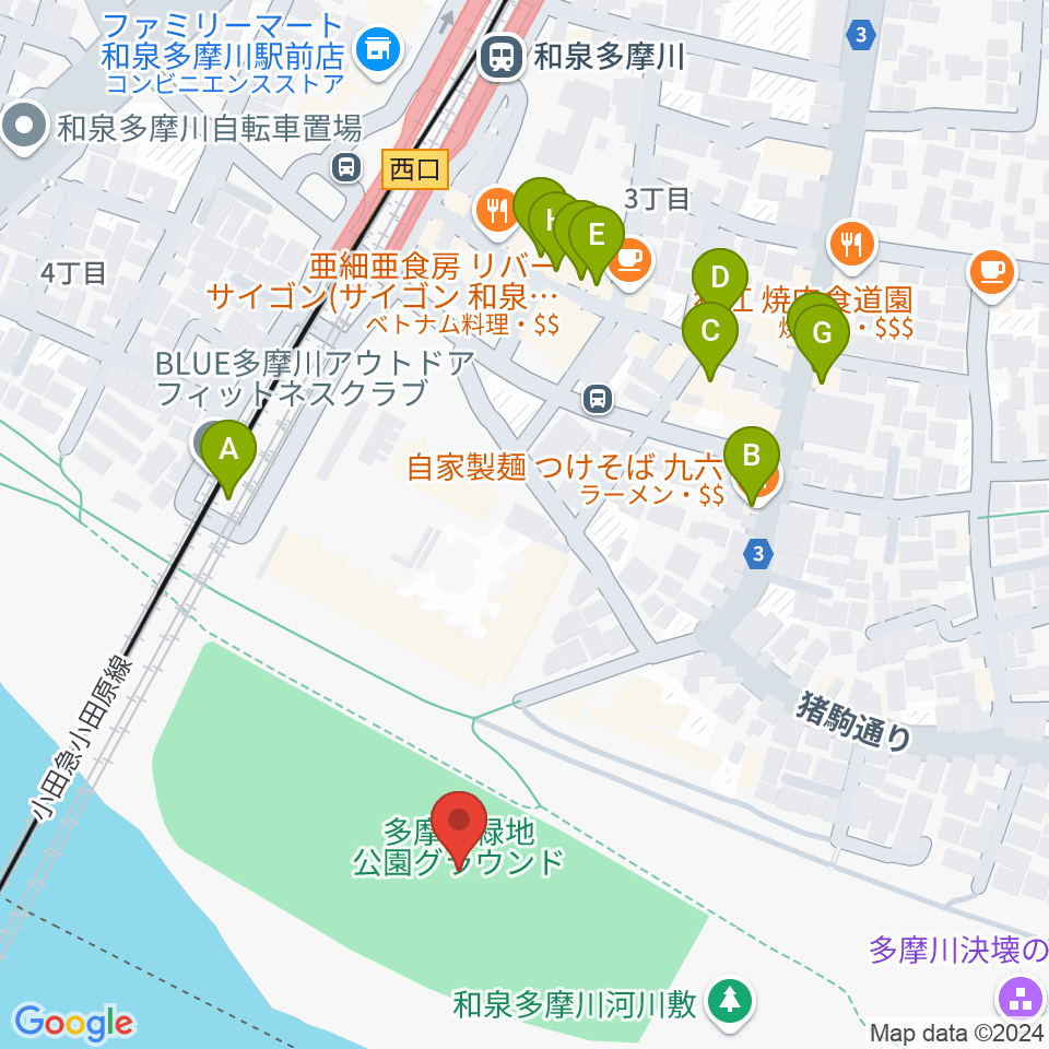 多摩川緑地公園グランド周辺のファミレス・ファーストフード一覧地図