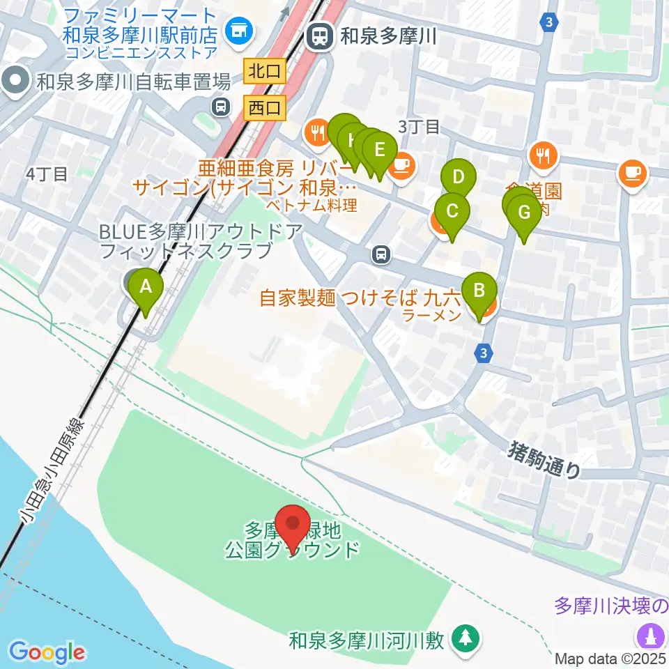 多摩川緑地公園グランド周辺のファミレス・ファーストフード一覧地図