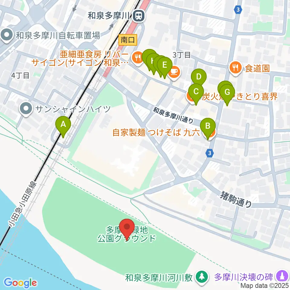 多摩川緑地公園グランド周辺のファミレス・ファーストフード一覧地図