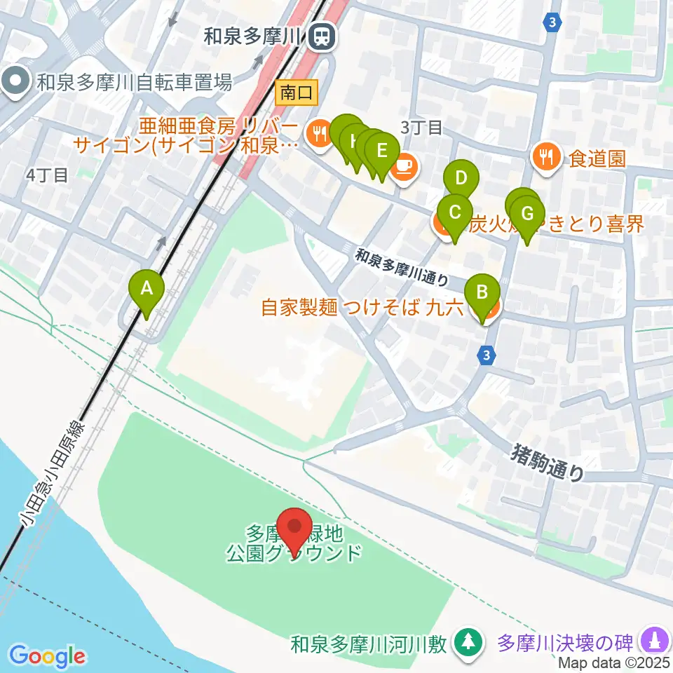 多摩川緑地公園グランド周辺のファミレス・ファーストフード一覧地図