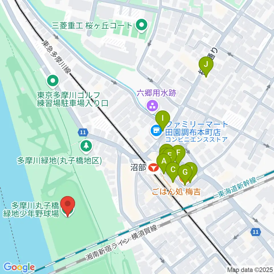 多摩川丸子橋緑地少年野球場周辺のファミレス・ファーストフード一覧地図