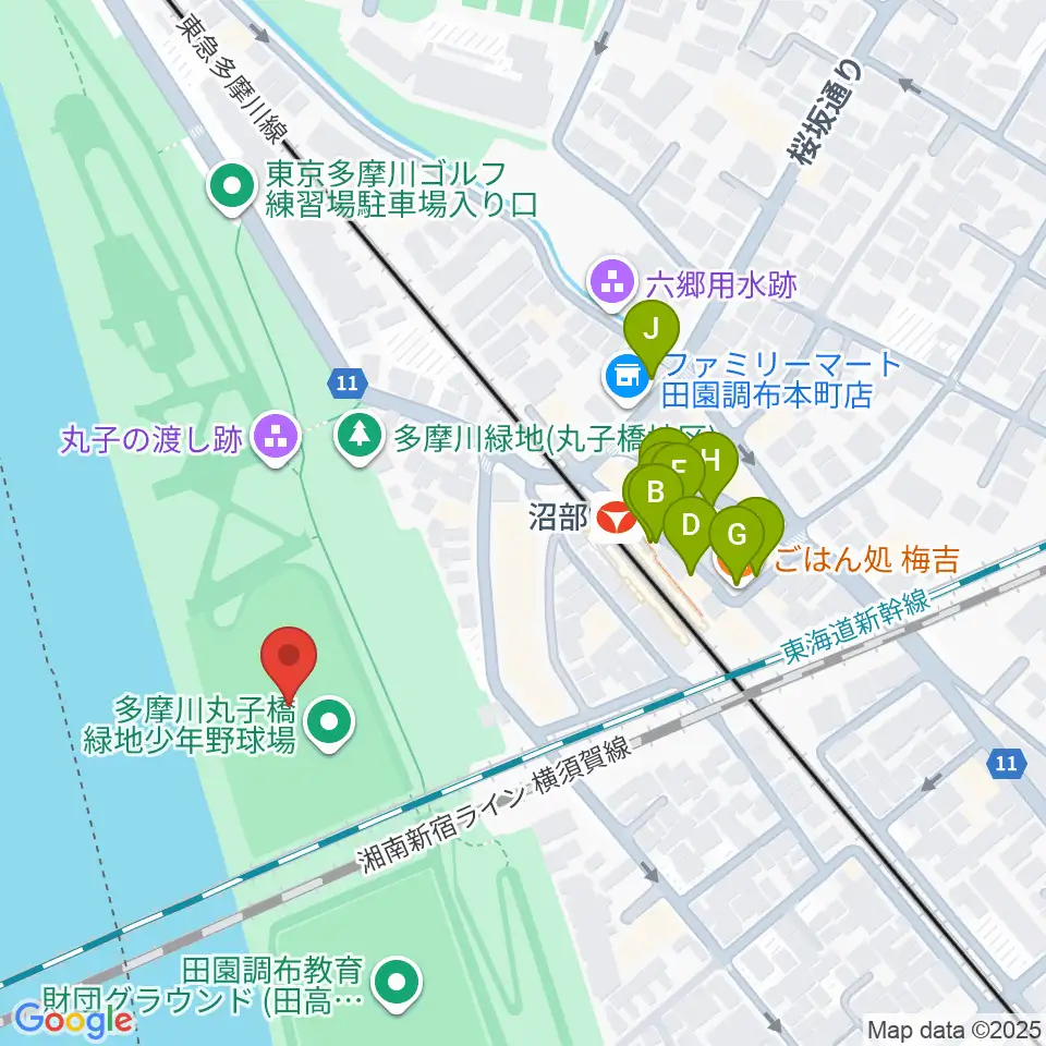 多摩川丸子橋緑地少年野球場周辺のファミレス・ファーストフード一覧地図