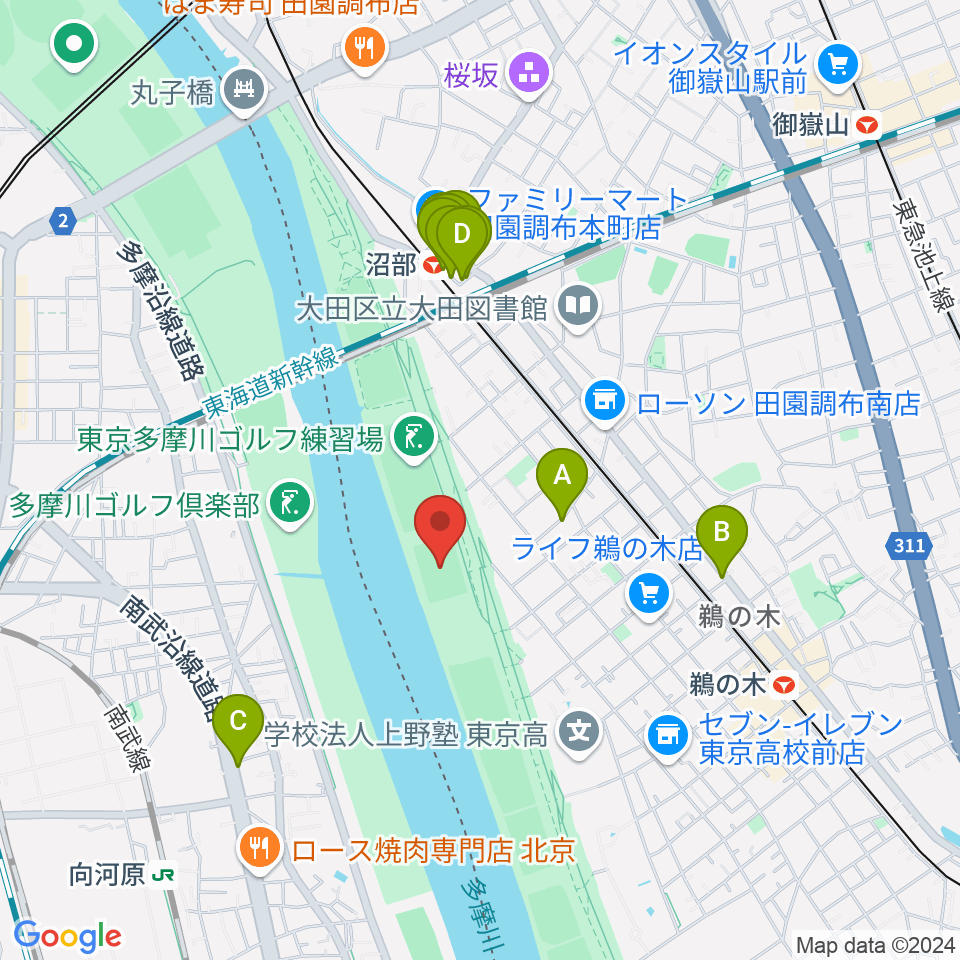 鵜の木緑地球技場周辺のファミレス・ファーストフード一覧地図