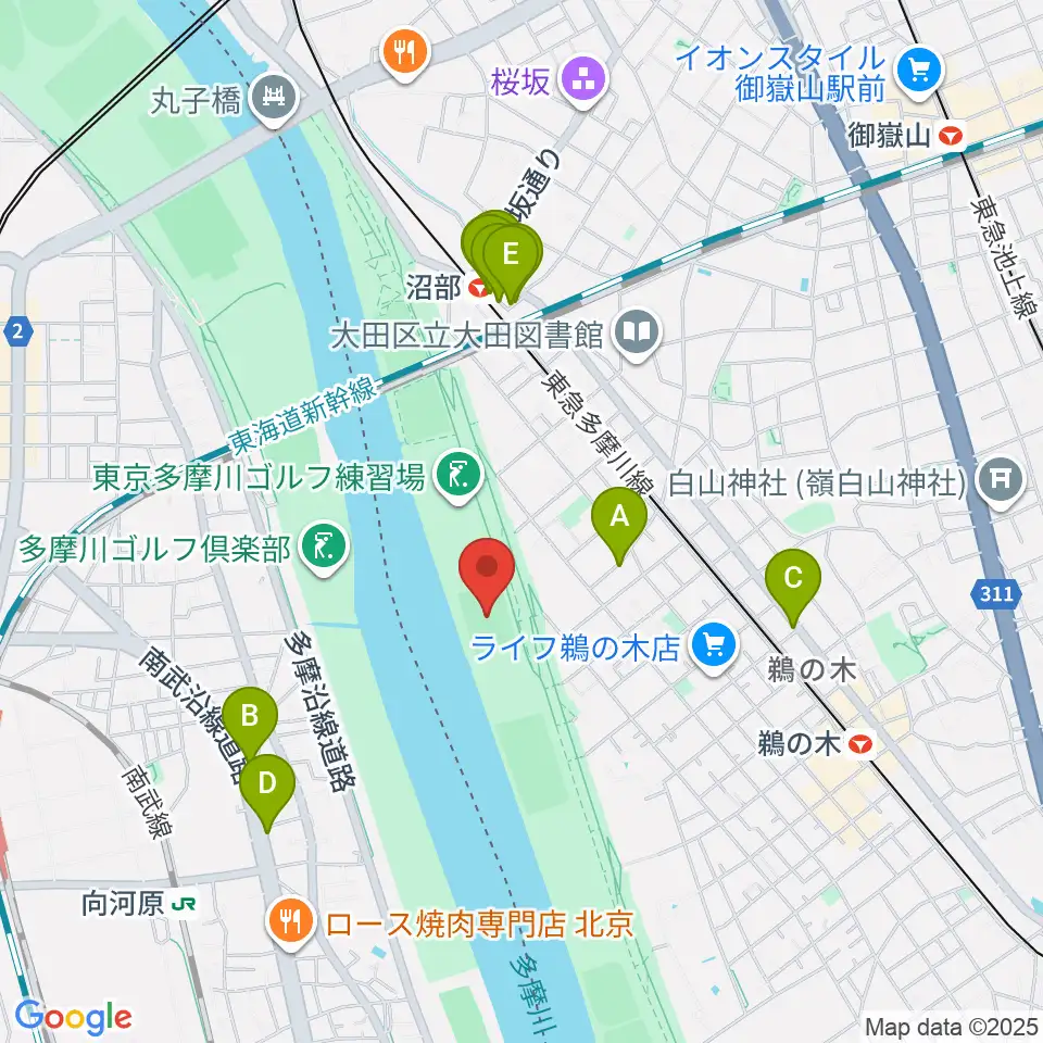 鵜の木緑地球技場周辺のファミレス・ファーストフード一覧地図