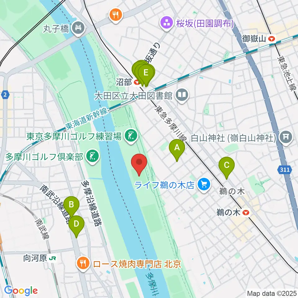 鵜の木緑地球技場周辺のファミレス・ファーストフード一覧地図