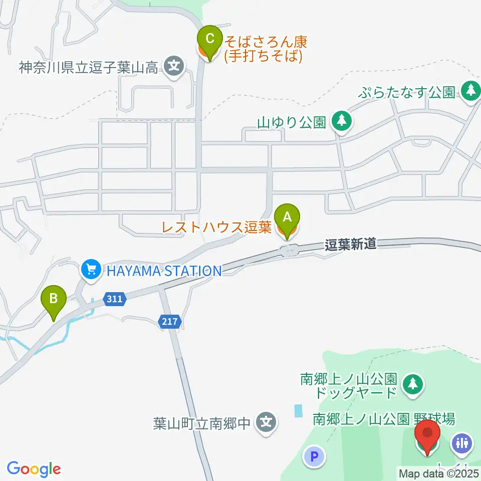 南郷上ノ山公園野球場周辺のファミレス・ファーストフード一覧地図