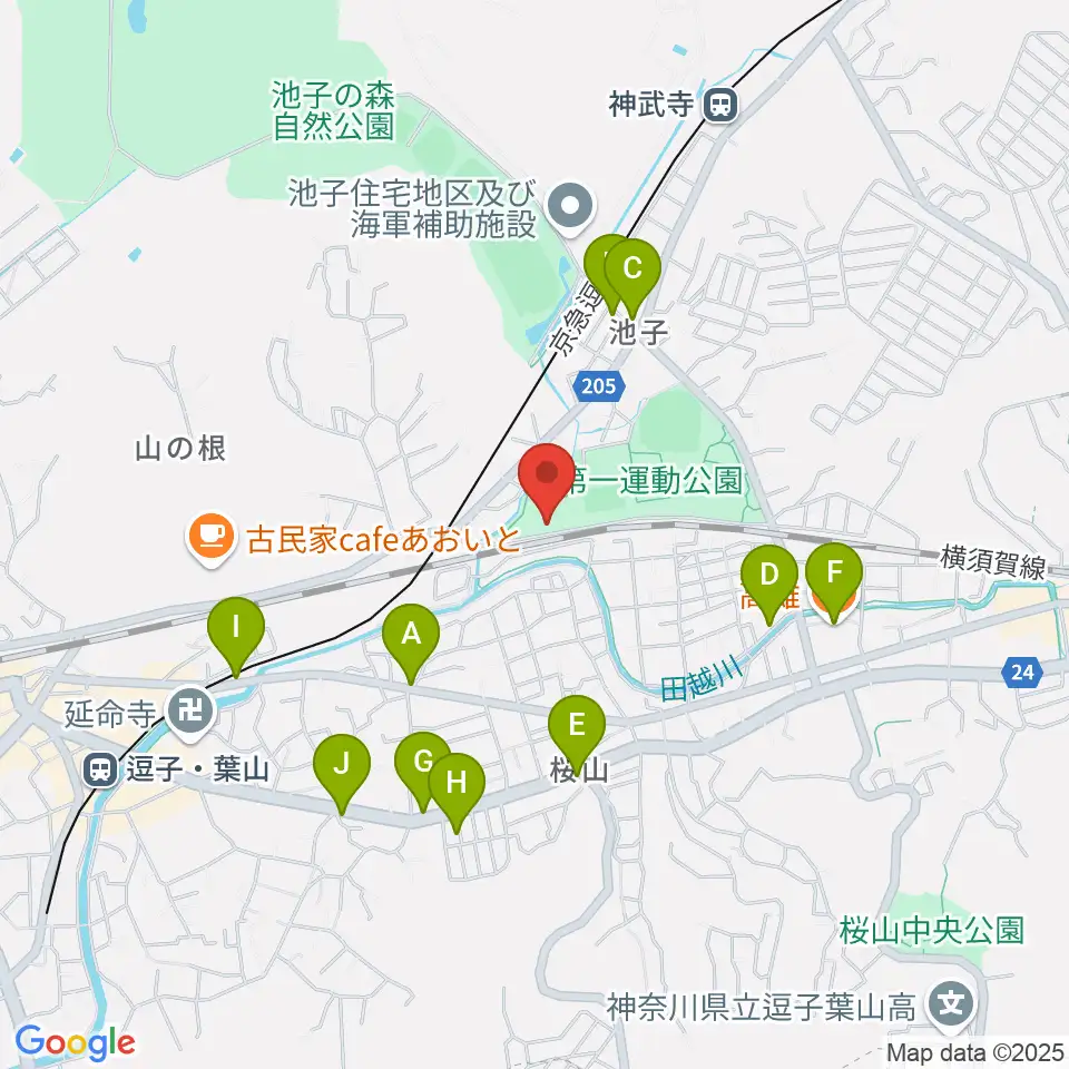 逗子アリーナ周辺のファミレス・ファーストフード一覧地図
