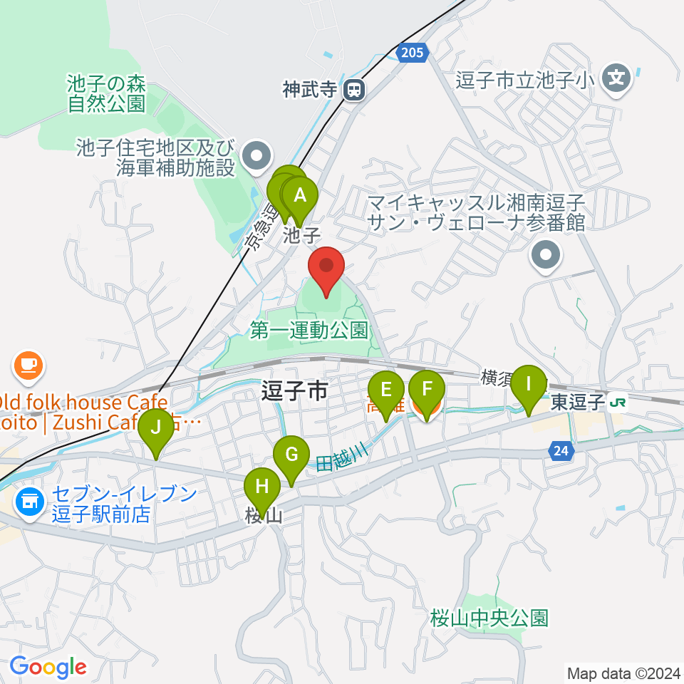 第一運動公園野球場周辺のファミレス・ファーストフード一覧地図