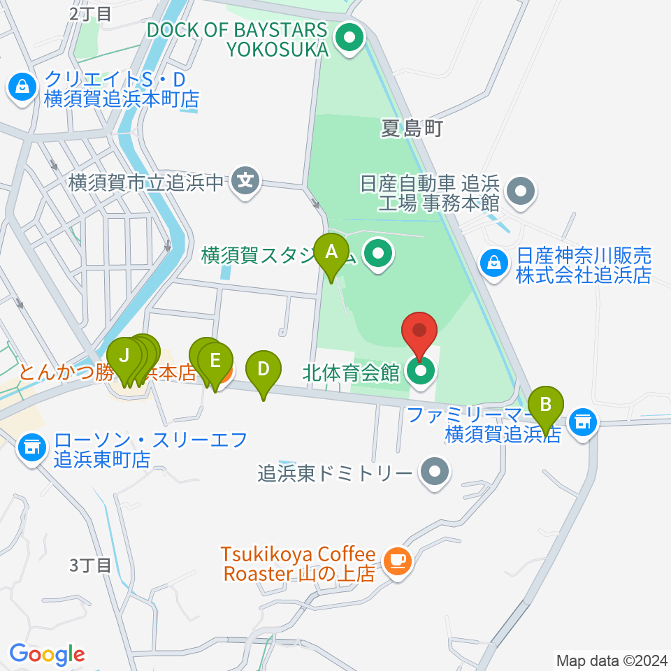 横須賀市北体育会館周辺のファミレス・ファーストフード一覧地図