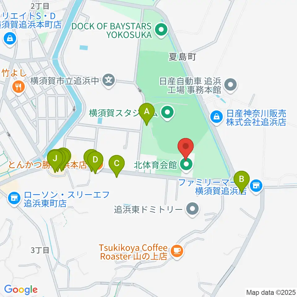 横須賀市北体育会館周辺のファミレス・ファーストフード一覧地図