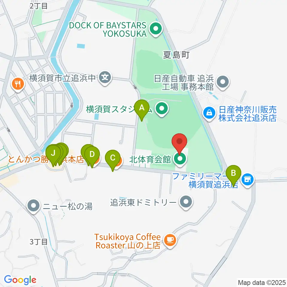 横須賀市北体育会館周辺のファミレス・ファーストフード一覧地図