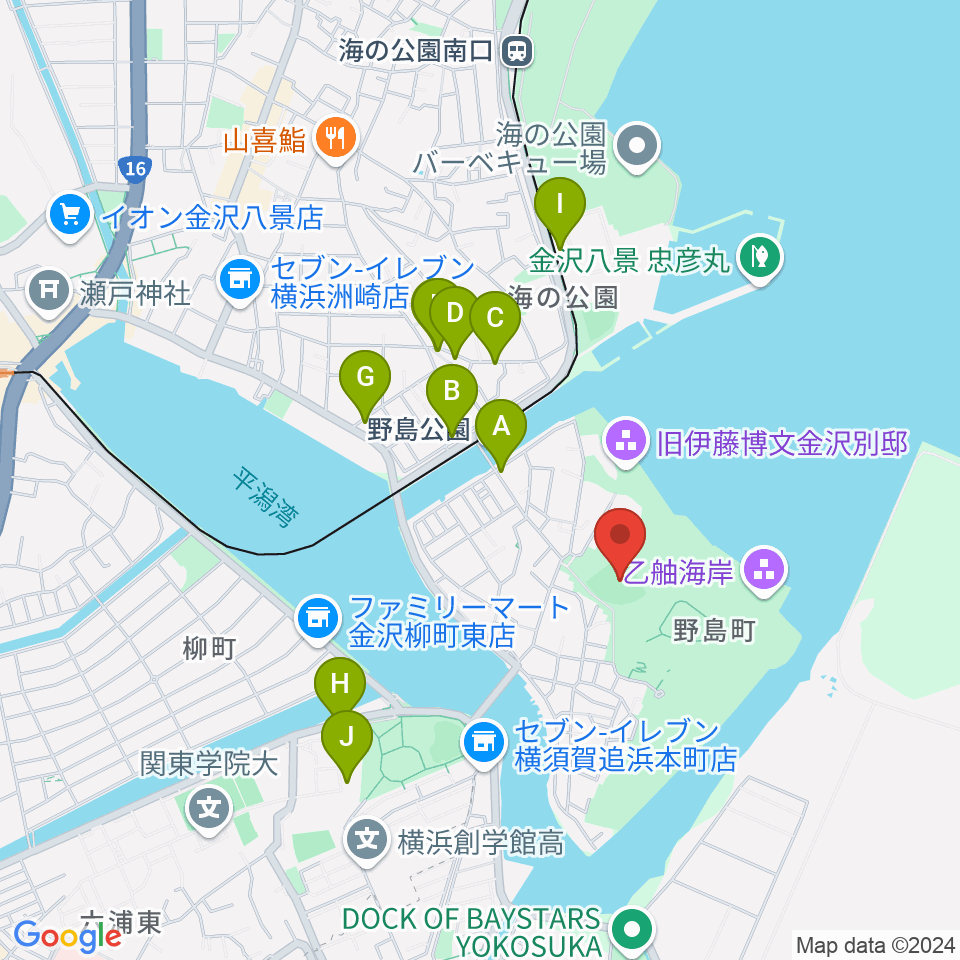 野島公園野球場周辺のファミレス・ファーストフード一覧地図