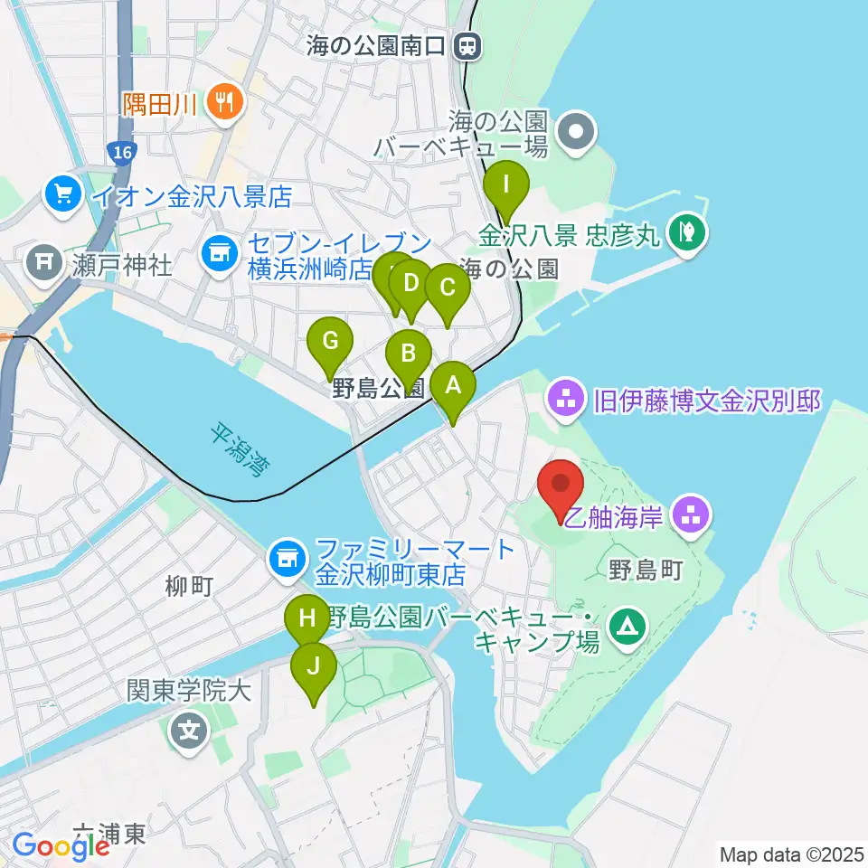 野島公園野球場周辺のファミレス・ファーストフード一覧地図