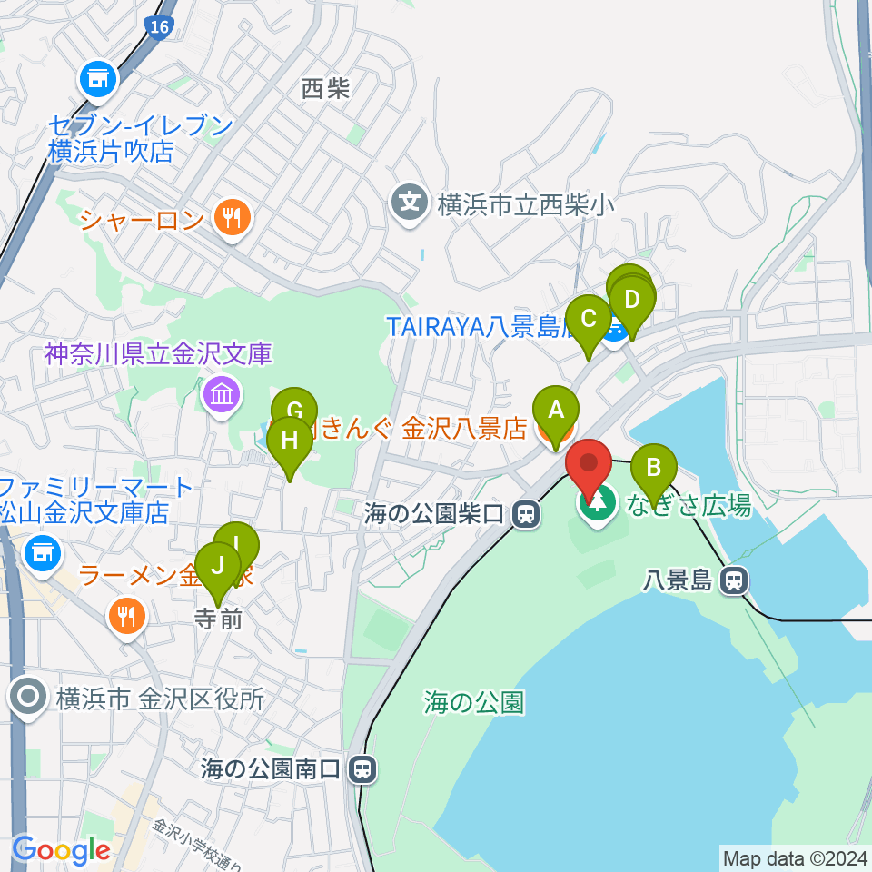 海の公園なぎさ広場多目的グラウンド周辺のファミレス・ファーストフード一覧地図