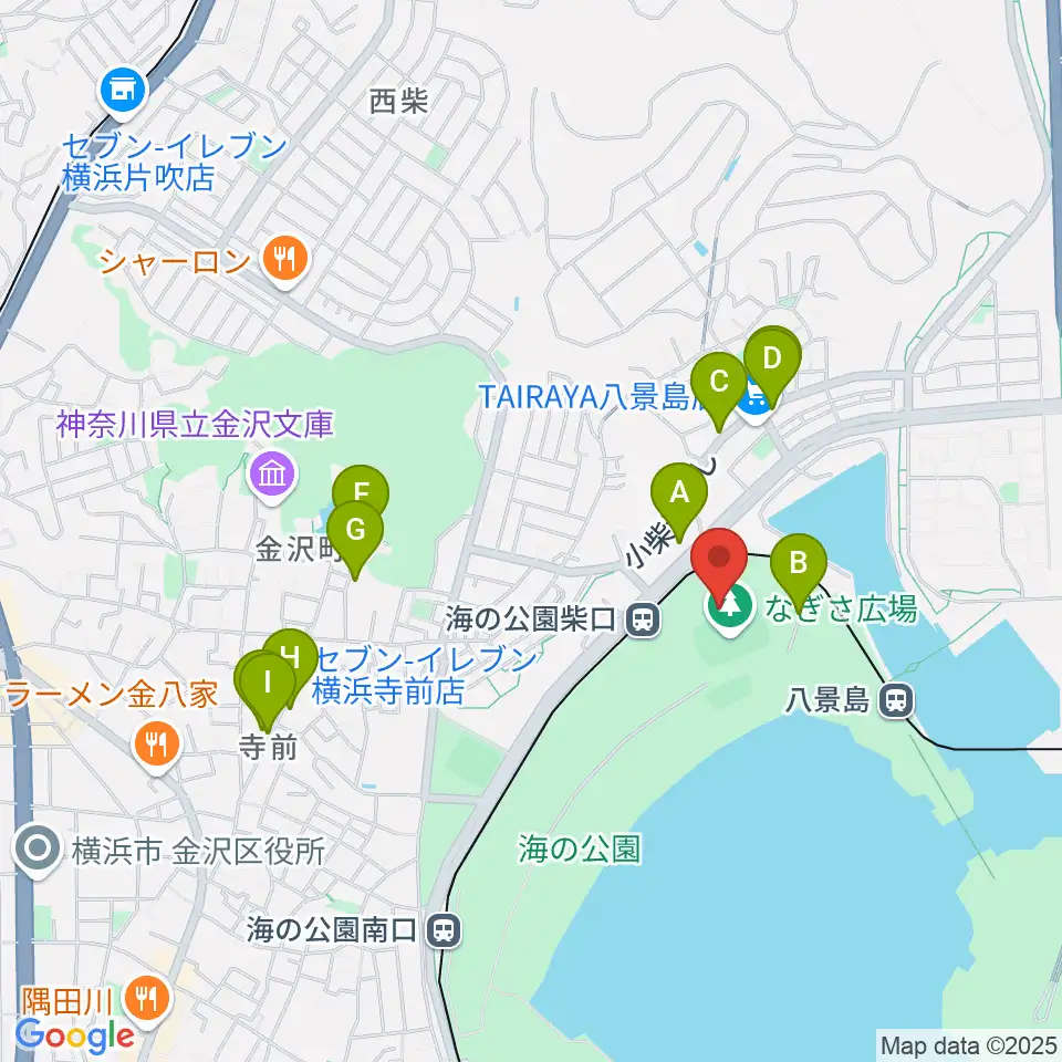 海の公園なぎさ広場多目的グラウンド周辺のファミレス・ファーストフード一覧地図