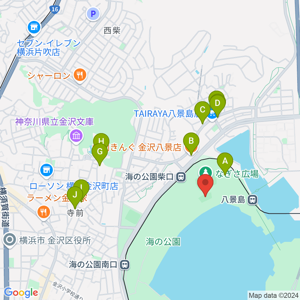 海の公園ビーチバレー場周辺のファミレス・ファーストフード一覧地図