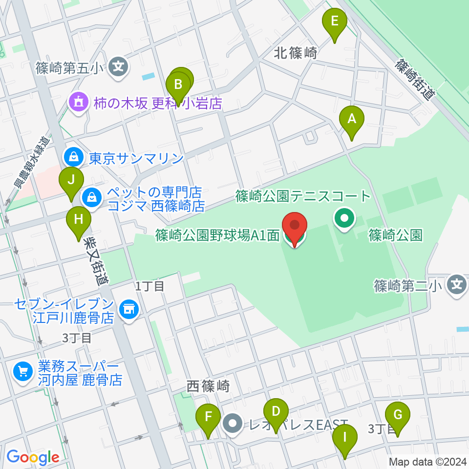 篠崎公園A地区野球場周辺のファミレス・ファーストフード一覧地図