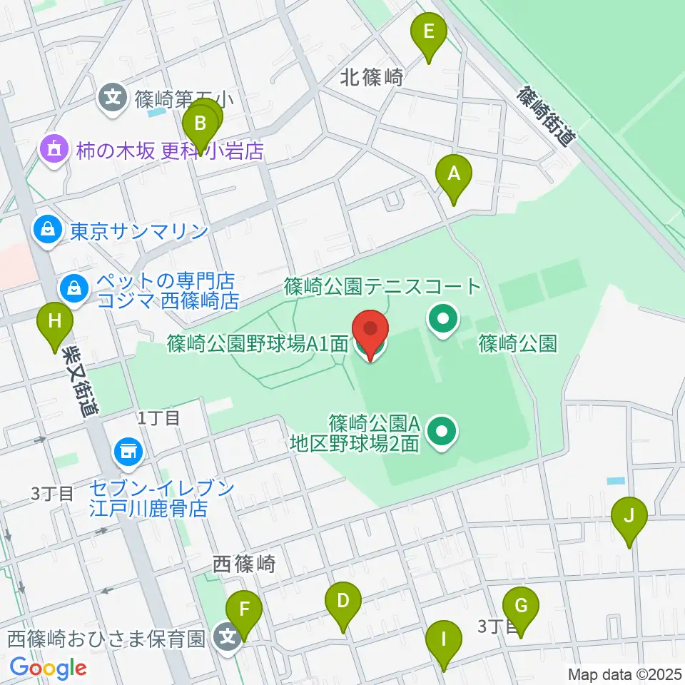 篠崎公園A地区野球場周辺のファミレス・ファーストフード一覧地図