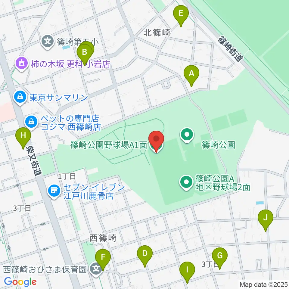 篠崎公園A地区野球場周辺のファミレス・ファーストフード一覧地図