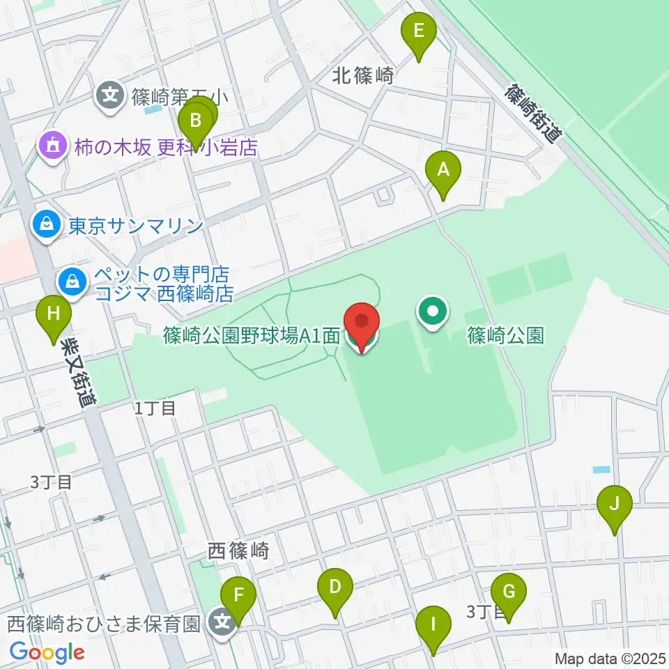 篠崎公園A地区野球場周辺のファミレス・ファーストフード一覧地図