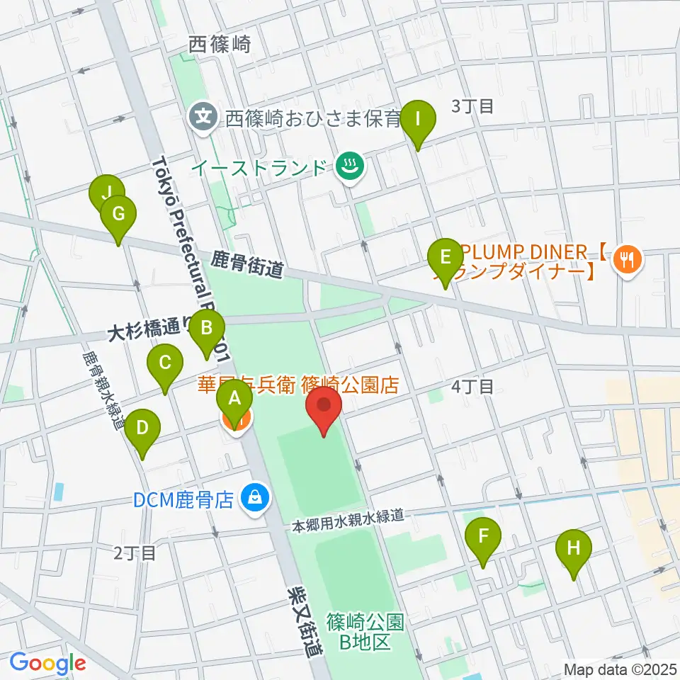 篠崎公園B地区鹿骨野球場周辺のファミレス・ファーストフード一覧地図