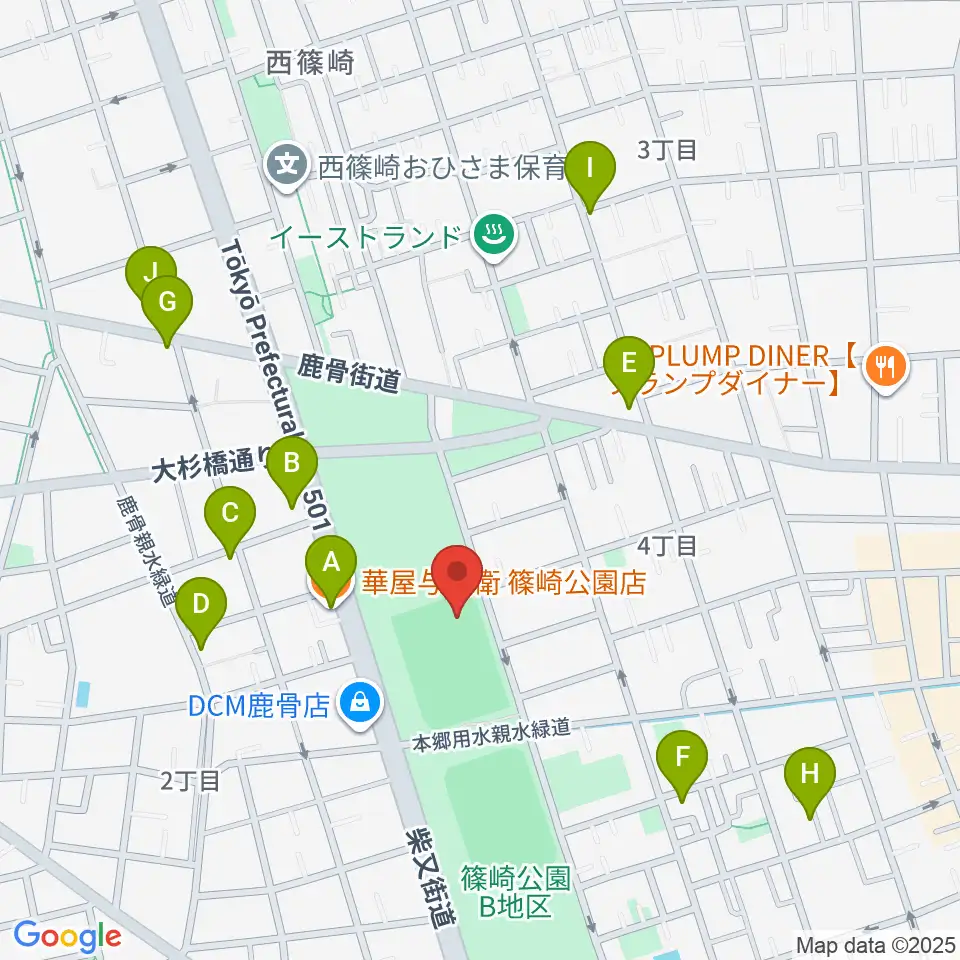 篠崎公園B地区鹿骨野球場周辺のファミレス・ファーストフード一覧地図