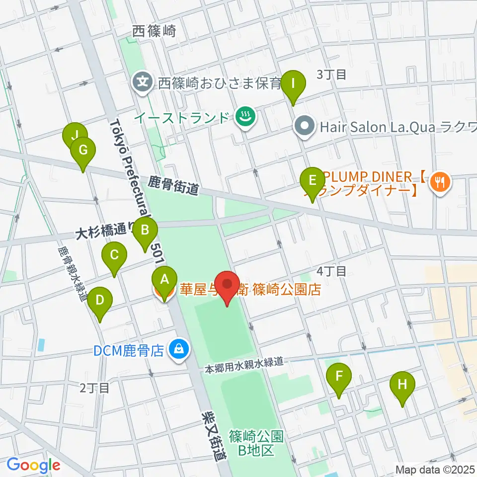 篠崎公園B地区鹿骨野球場周辺のファミレス・ファーストフード一覧地図