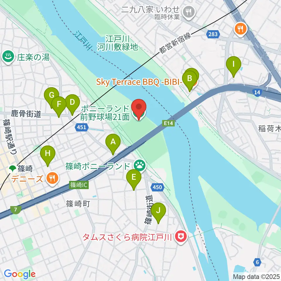 ポニーランド前野球場周辺のファミレス・ファーストフード一覧地図