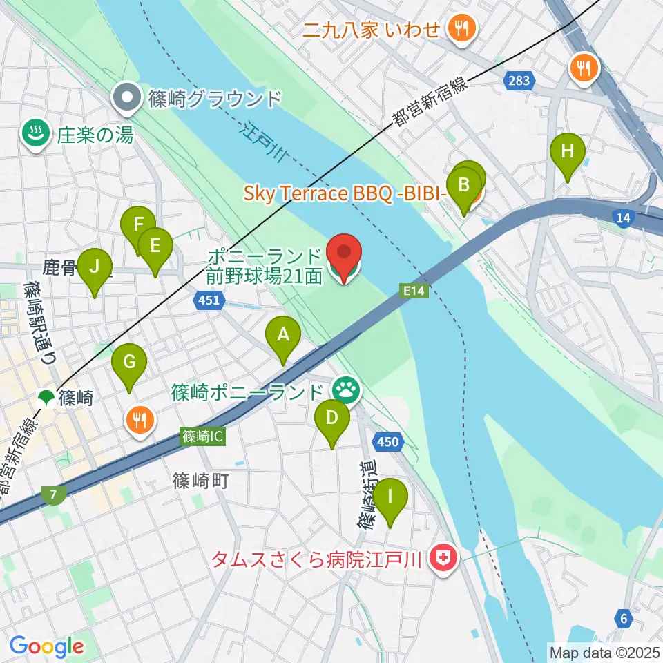 ポニーランド前野球場周辺のファミレス・ファーストフード一覧地図