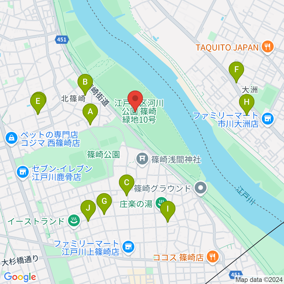 江戸川サッカー場・少年サッカー場周辺のファミレス・ファーストフード一覧地図