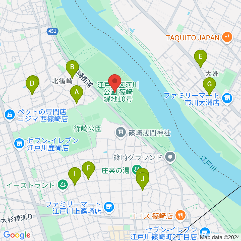 江戸川サッカー場・少年サッカー場周辺のファミレス・ファーストフード一覧地図