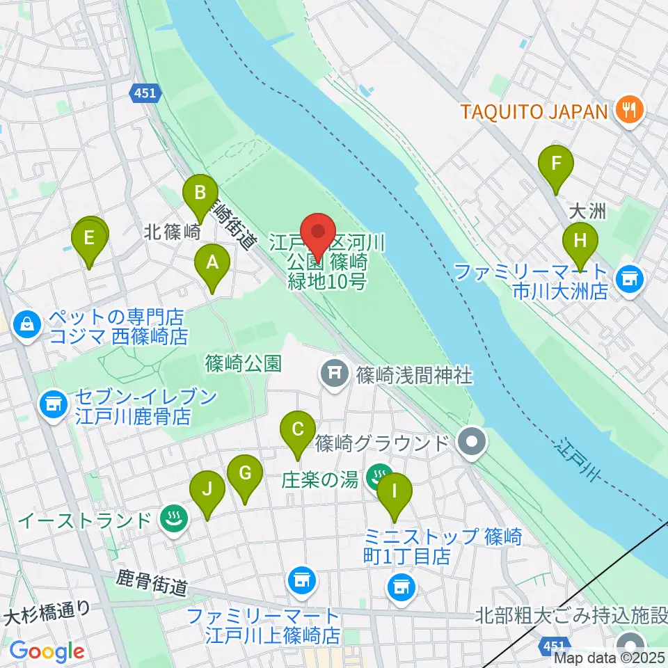 江戸川サッカー場・少年サッカー場周辺のファミレス・ファーストフード一覧地図