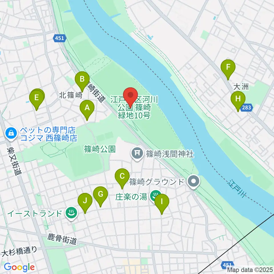 江戸川サッカー場・少年サッカー場周辺のファミレス・ファーストフード一覧地図