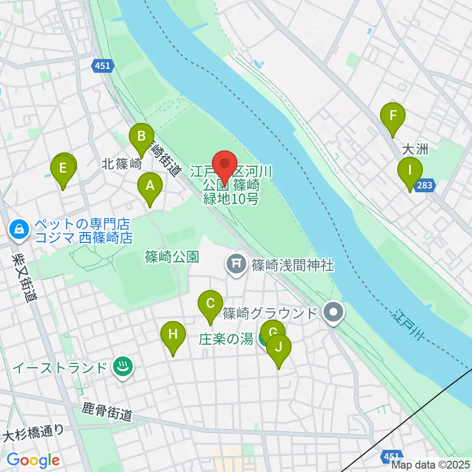 江戸川サッカー場・少年サッカー場周辺のファミレス・ファーストフード一覧地図