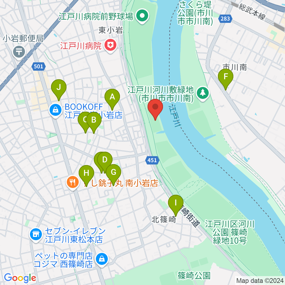 江戸川ラグビー場周辺のファミレス・ファーストフード一覧地図