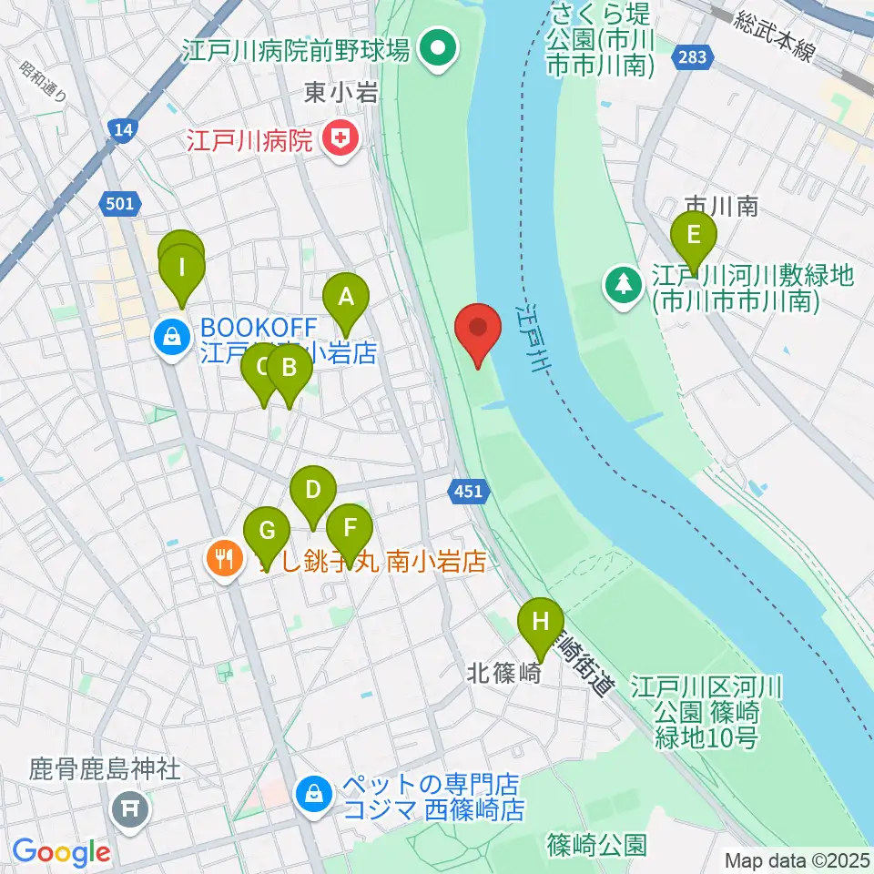 江戸川ラグビー場周辺のファミレス・ファーストフード一覧地図