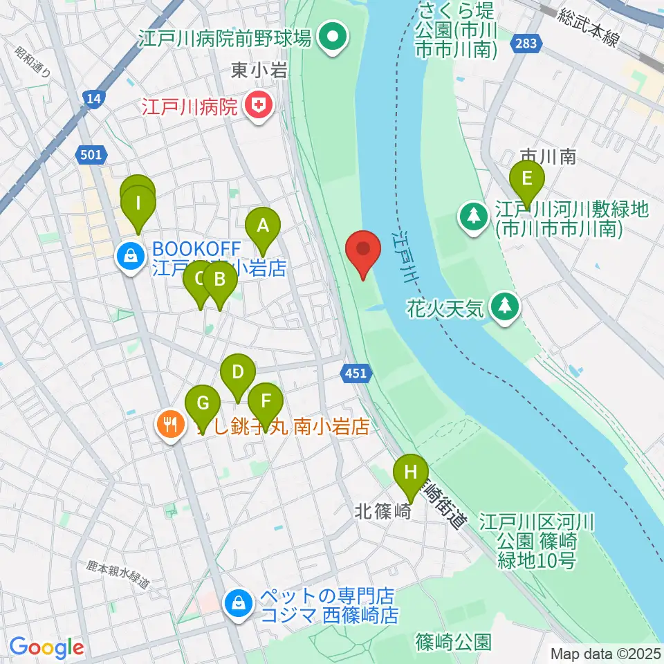 江戸川ラグビー場周辺のファミレス・ファーストフード一覧地図
