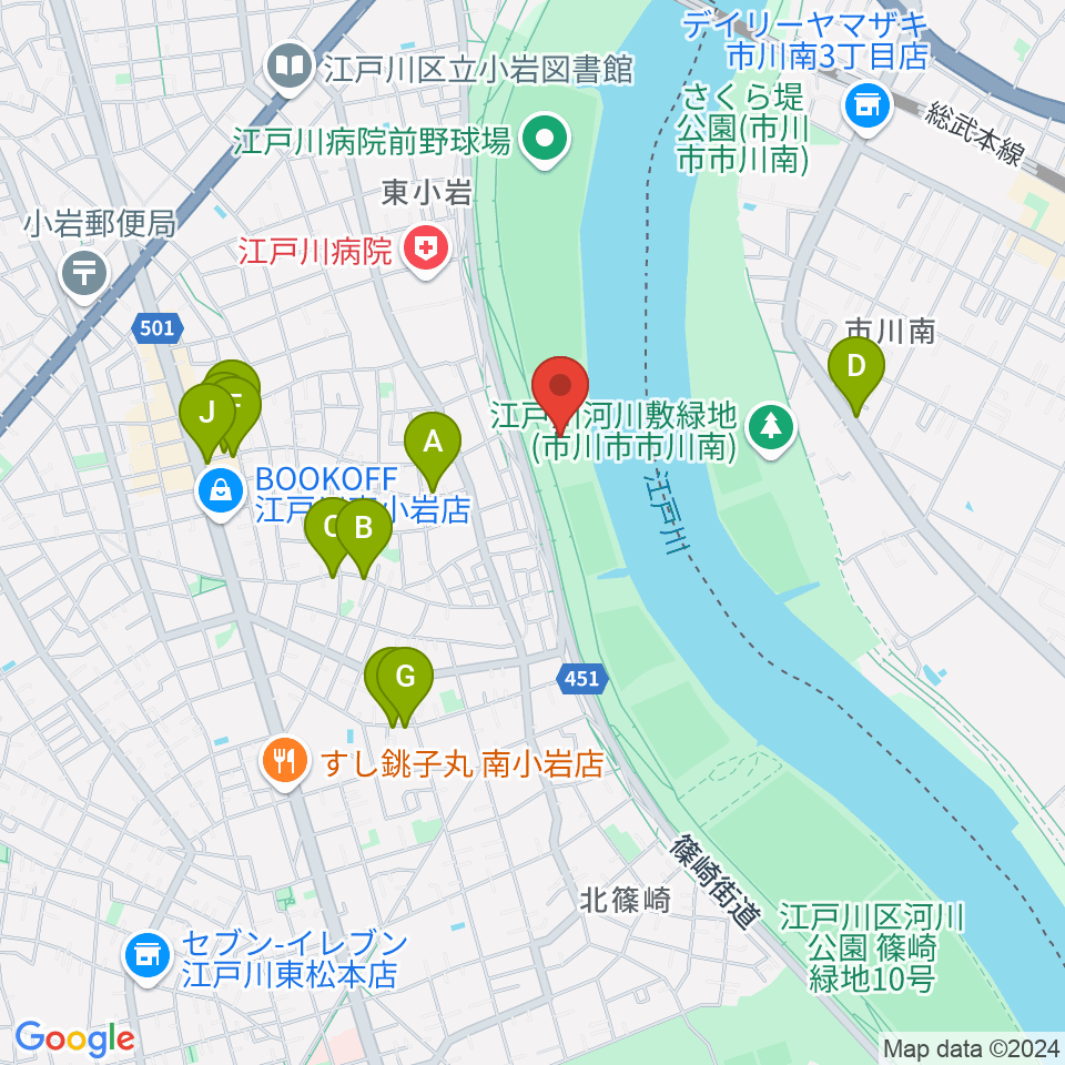 江戸川病院前スポーツ広場周辺のファミレス・ファーストフード一覧地図