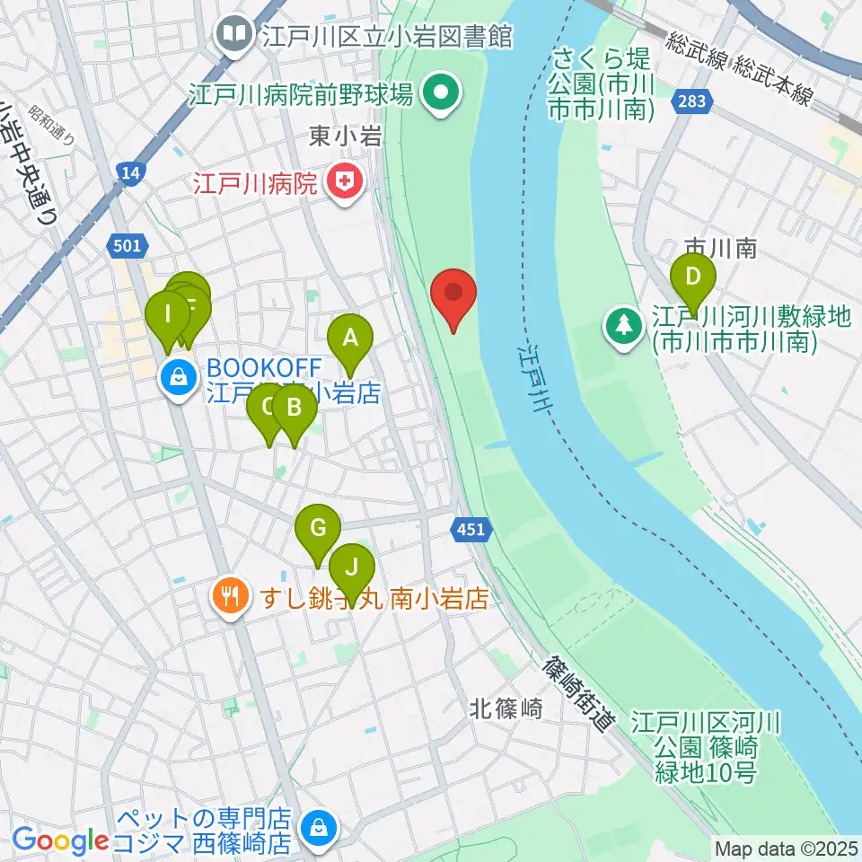 江戸川病院前スポーツ広場周辺のファミレス・ファーストフード一覧地図