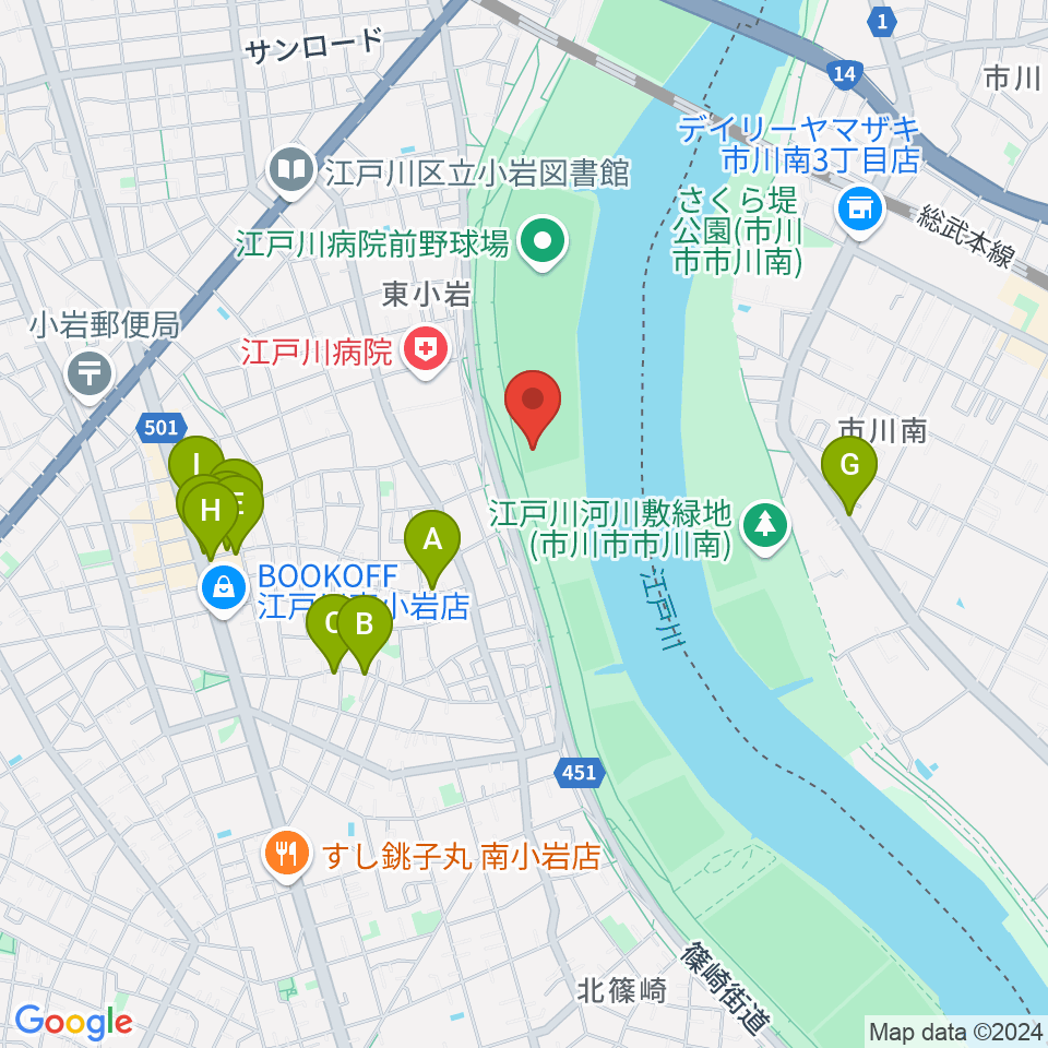 東小岩少年野球場周辺のファミレス・ファーストフード一覧地図