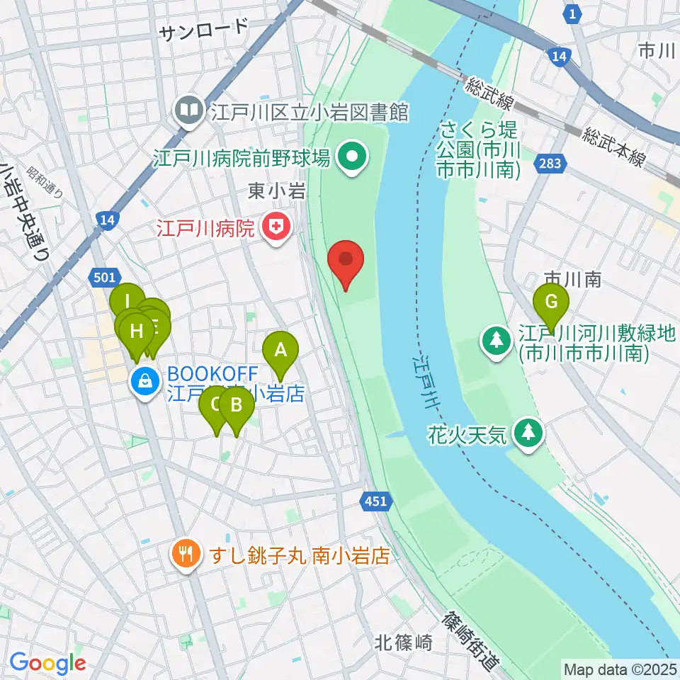 東小岩少年野球場周辺のファミレス・ファーストフード一覧地図