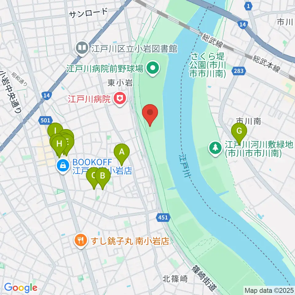 東小岩少年野球場周辺のファミレス・ファーストフード一覧地図